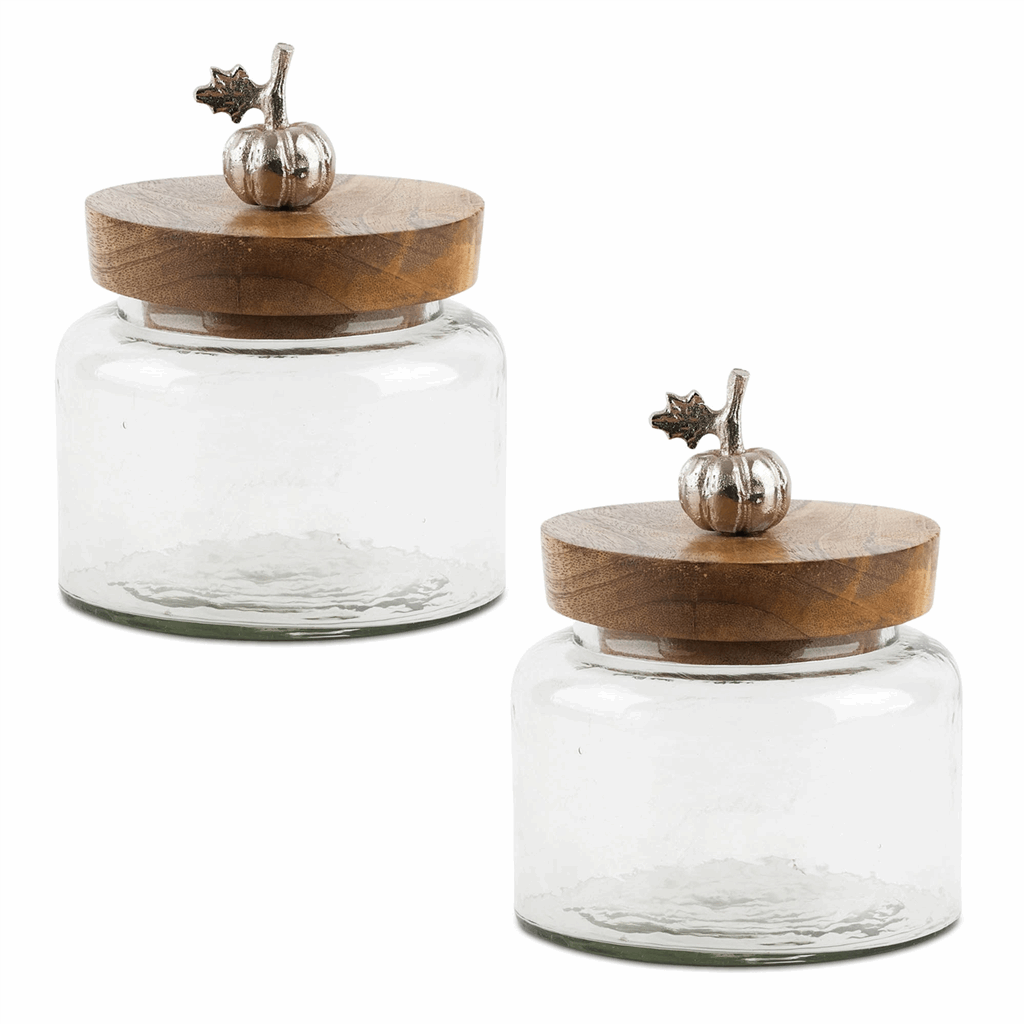 Glass Canister with Mango Wood Lid and Pumpkin Accent (Set of 2) - Image 2